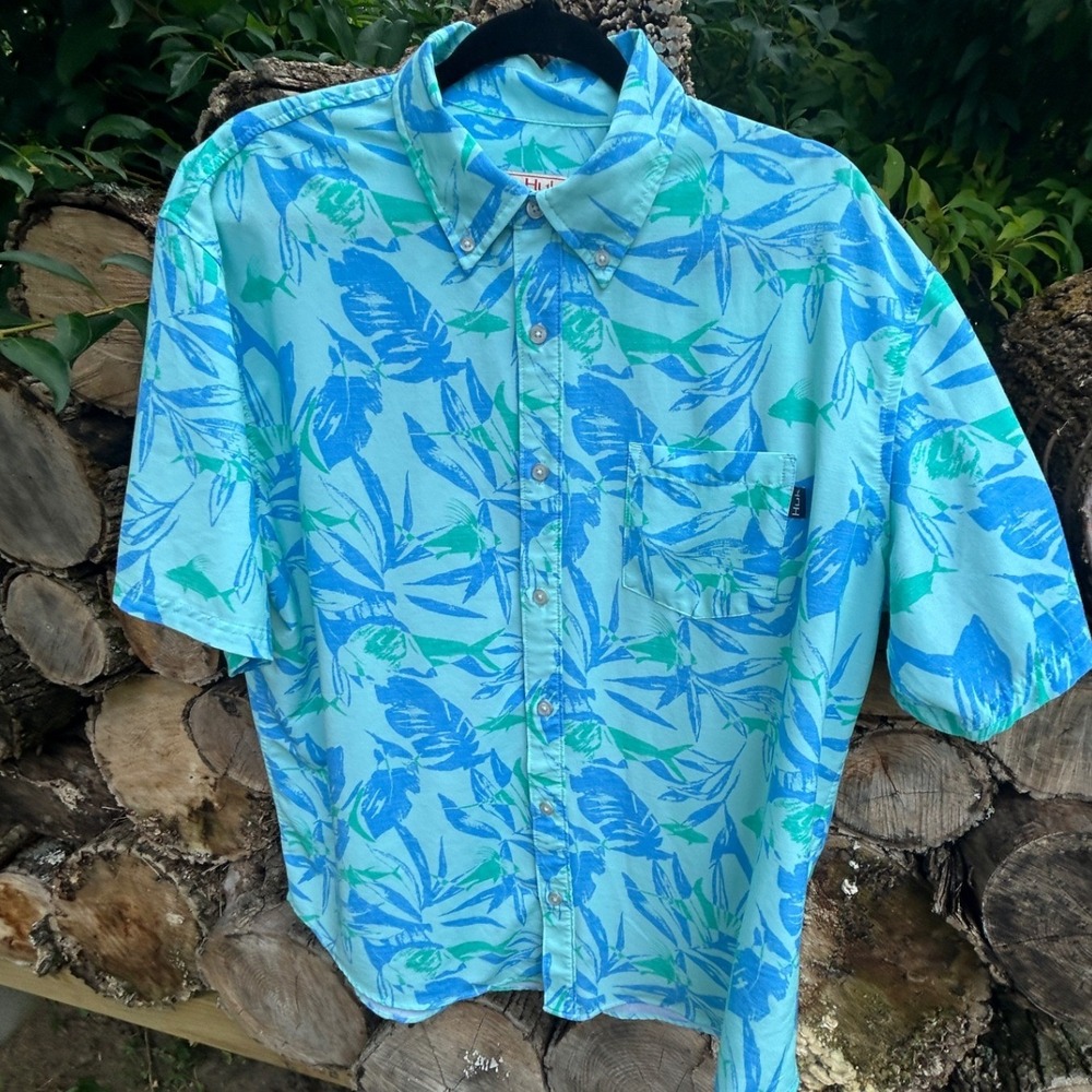 Huk Fishing Shirt Men Large Short Sleeve Button Down Tropical Print Coastal